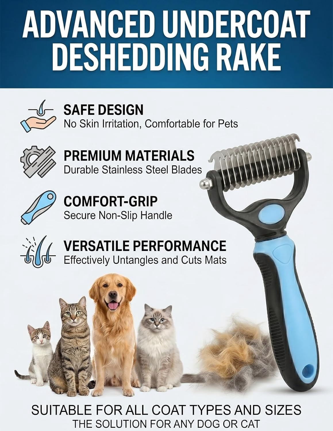 Professional Deshedding Tool for Dogs & Cats, Indoor Cat Double-Sided Brush Rake, Pets Hair Remover Shedding, Long Haired Dog Brushes, Undercoat Combs Supplies