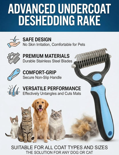 Professional Deshedding Tool for Dogs & Cats, Indoor Cat Double-Sided Brush Rake, Pets Hair Remover Shedding, Long Haired Dog Brushes, Undercoat Combs Supplies