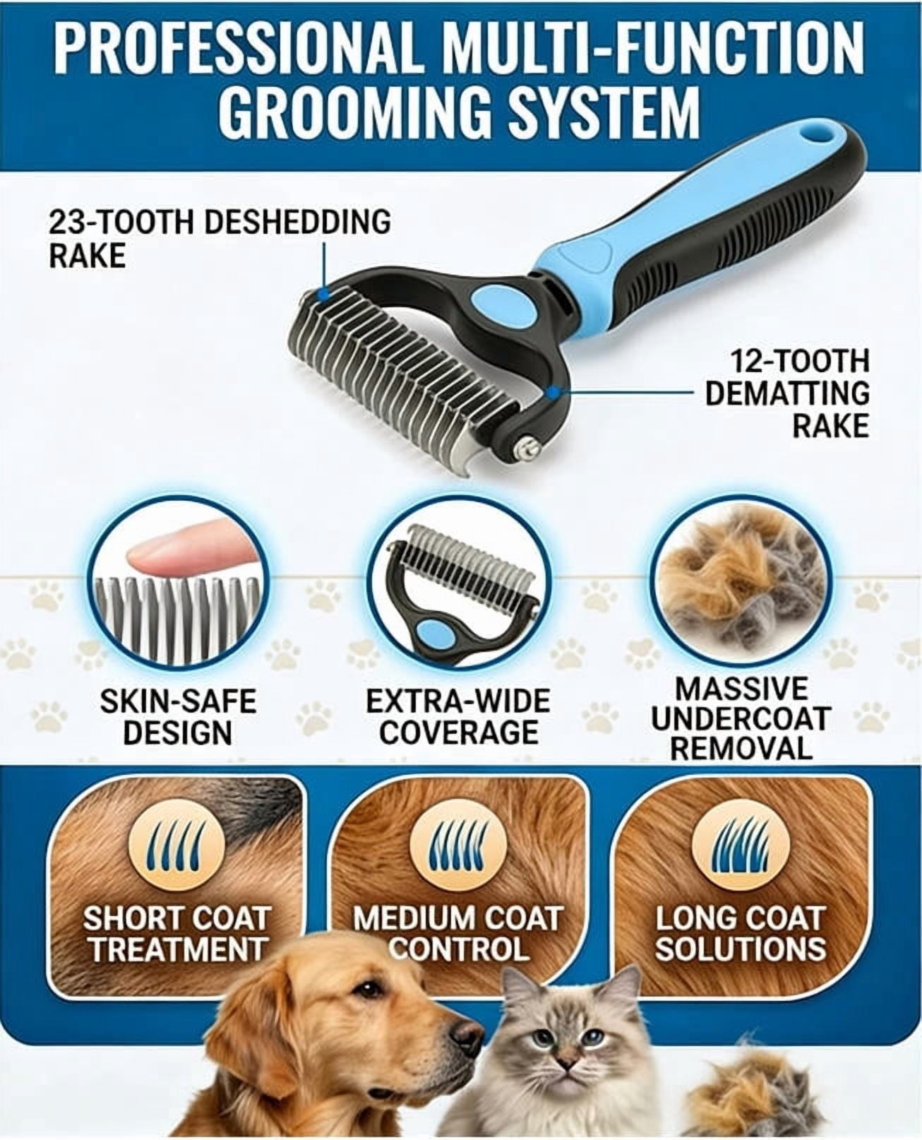 Professional Deshedding Tool for Dogs & Cats, Indoor Cat Double-Sided Brush Rake, Pets Hair Remover Shedding, Long Haired Dog Brushes, Undercoat Combs Supplies